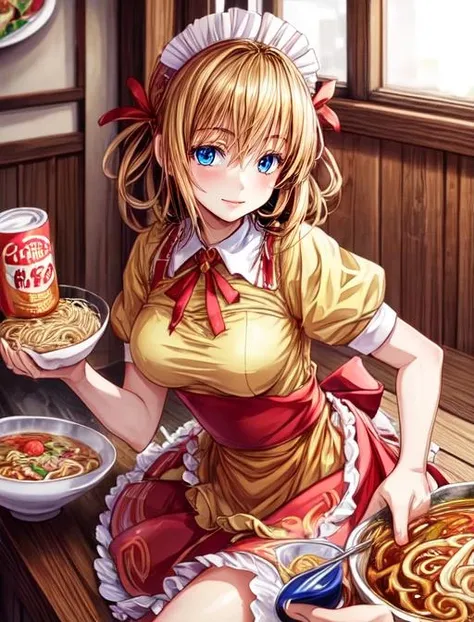 best quality, masterpiece, highres, detailed, digital illustration, <lora:Detail - add_detail:0.2>, AburaHime, <lora:Character - AburaHime:0.8>, oriental clothing, maid uniform, blonde hair, blue eyes, yellow uniform, hair loops, ramen, serving ramen, red skirt,