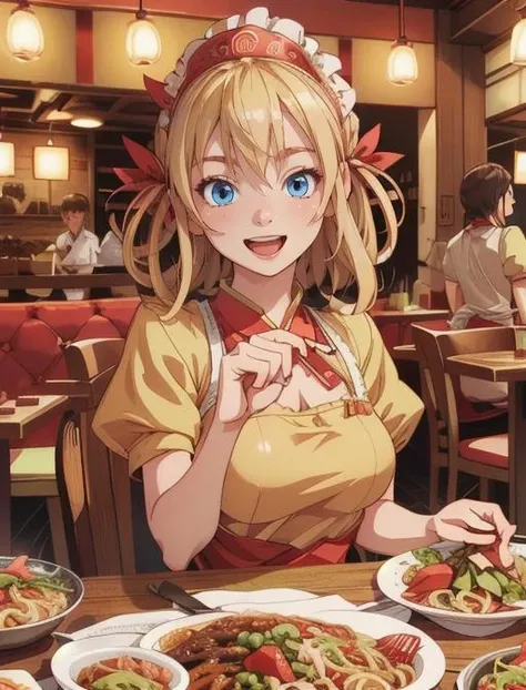 best quality, masterpiece, highres, detailed, digital illustration, <lora:Detail - add_detail:0.2>, AburaHime,  <lora:Character - AburaHime:0.9>, hair loops, blonde hair, blue eyes, excited, food, restaurant, noodles, [oriental clothing : maid uniform: 0.6]