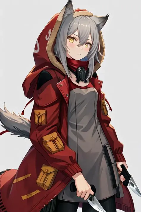 best quality, masterpiece, highres, solo, {projekt_red_arknights:1.15}, animal_ears, wolf_ears, grey_hair, hair_between_eyes, wolf_girl, yellow_eyes, bangs, long_hair, upper_body, 1girl, fur-trimmed_hood, fur_trim, holding, holding_knife, hood, hood_up, hooded_jacket, jacket, knife, red_jacket, holding_weapon, long_sleeves, weapon, looking_at_viewer, dagger, simple_background, white_background