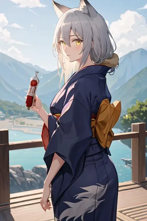 best quality, masterpiece, highres, solo, {yukata:1.40}, {kimono:1.20}, {projekt_red_arknights:1.15}, animal_ears, wolf_ears, grey_hair, hair_between_eyes, wolf_girl, yellow_eyes, bangs, long_hair, upper_body