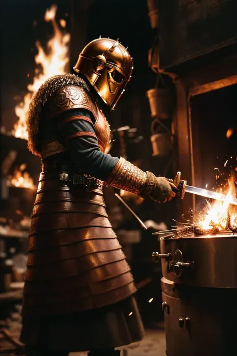 solo, portrait of thearmorer woman  hammering a sword in metal workshop, <lora:ARWthearmorer:1>, fire sparks, Photorealistic, Hyperrealistic, Hyperdetailed, analog style, hip cocked, demure, low cut, detailed skin, matte skin, soft lighting, subsurface scattering, realistic, heavy shadow, masterpiece, best quality, ultra realistic, 8k, golden ratio, Intricate, High Detail, film photography, soft focus, blurry background
