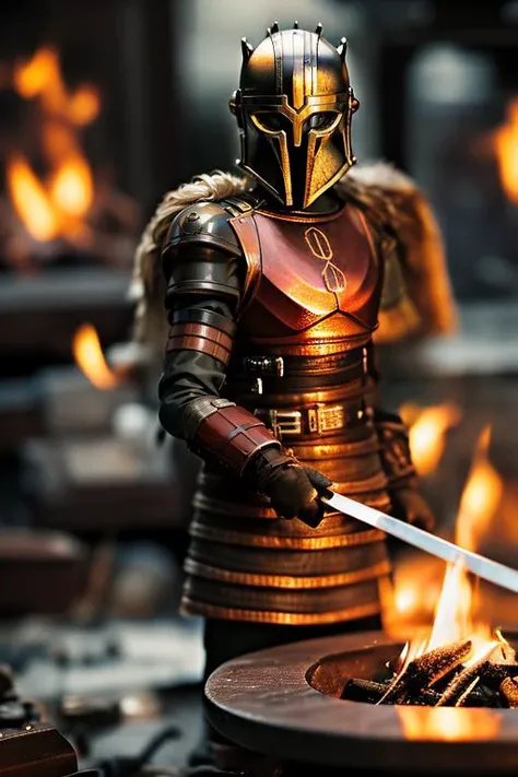 solo, portrait of thearmorer woman hammering a sword in metal workshop, <lora:ARWthearmorer:1>, fire sparks, Photorealistic, Hyperrealistic, Hyperdetailed, analog style, hip cocked, demure, low cut, detailed skin, matte skin, soft lighting, subsurface scattering, realistic, heavy shadow, masterpiece, best quality, ultra realistic, 8k, golden ratio, Intricate, High Detail, film photography, soft focus, blurry background