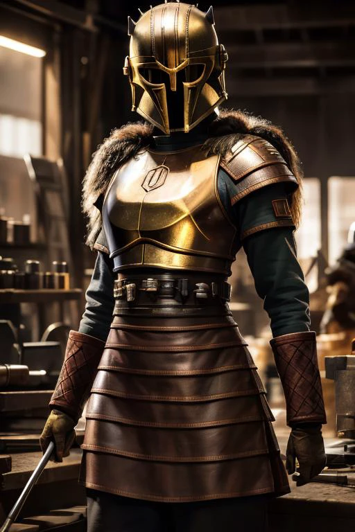 portrait of thearmorer woman in metal workshop, <lora:ARWthearmorer:1>,, Photorealistic, Hyperrealistic, Hyperdetailed, analog style, hip cocked, demure, low cut, detailed skin, matte skin, soft lighting, subsurface scattering, realistic, heavy shadow, masterpiece, best quality, ultra realistic, 8k, golden ratio, Intricate, High Detail, film photography, soft focus