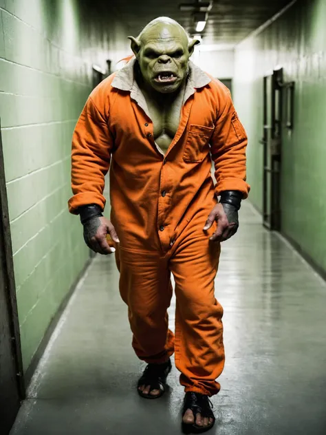 Dramatic photo of orc Orc1024 wearing an orange prison jump suit in a prison cell, green skin, orange prison jumpsuit, masterpiece, dramatic lighting, cinematic, highly detailed, <lora:Orc1024:0.3>