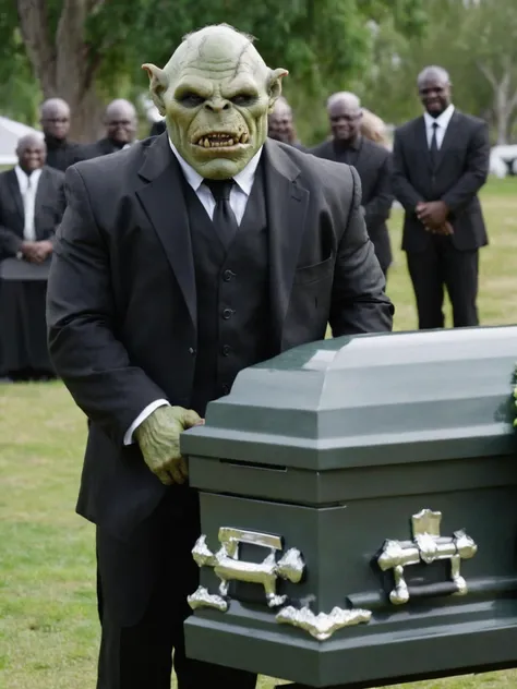 Photo of orc Orc1024 happy and smiling wearing a business suit standing next to an open casket at a funeral, black suit, green skin, <lora:Orc1024:0.3>