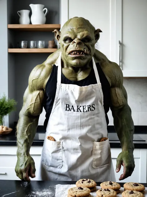Dramatic photo of orc Orc1024 happy and smiling wearing bakers apron in a kitchen making cookies, green skin, apron, elegant kitchen, cozy, masterpiece, dramatic lighting, cinematic, highly detailed, <lora:Orc1024:0.4>