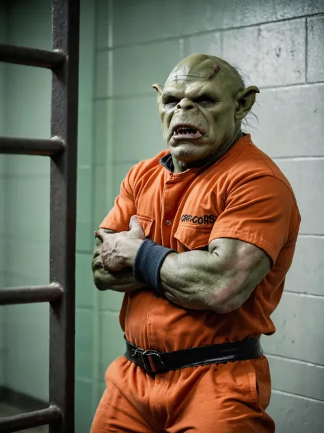 Dramatic photo of orc Orc1024 wearing an orange prison jump suit in a prison cell, green skin, orange prison jumpsuit, masterpiece, dramatic lighting, cinematic, highly detailed, <lora:Orc1024:0.3>