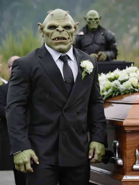 Photo of orc Orc1024 happy and smiling wearing a business suit standing next to an open casket at a funeral, black suit, green skin, <lora:Orc1024:0.3>