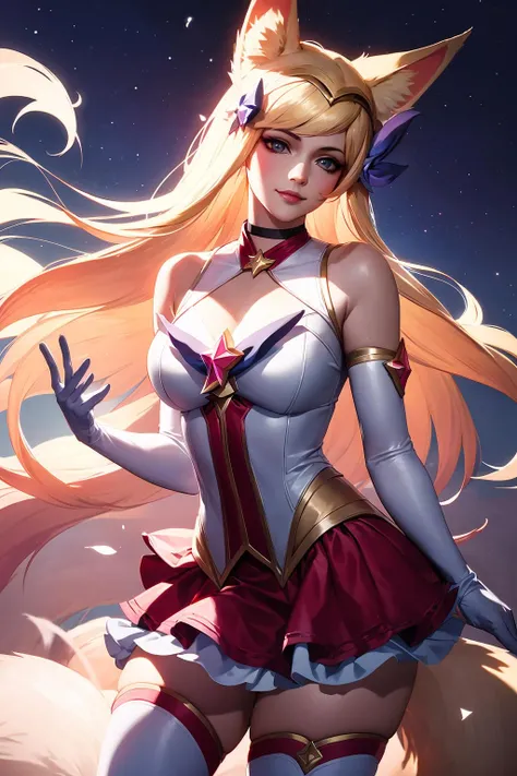 (solo, 1girl), (absurdres, ,highres, official wallpaper, poster), (masterpiece, best quality:1.2), (illustration, realistic), (perfect details, highest detailed, extreme detailed), dramatic light,  <lora:starguardianahri:0.9>, starguardianahri, (white thighhighs, elbow gloves, hair ornament, star guardian \(league of legends\), chocker, blonde hair, long hair, fox tail, skirt, ), (city, street, sunlight, standing, smile)