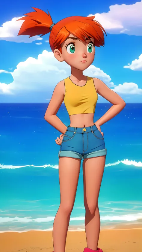 beach,ocean,cloud,shore,blue sky,day,outdoor,sky,<lora:Retro Misty - [Pokemon] - Version 1:0.8>,misty,(groin:1.1),(groin tendon:1.2),suspender shorts,suspenders,1girl,solo,long hair,groin,breasts,short hair,bangs,navel,bare shoulders,closed mouth,green eyes,standing,collarbone,cowboy shot,small breasts,shorts,sleeveless,midriff,orange hair,side ponytail,crop top,v-shaped eyebrows,looking to the side,bare arms,short shorts,eyelashes,sleeveless shirt,frown,looking away,tank top,denim,blue shorts,denim shorts,hands on hips,yellow shirt,hair tie,looking afar,