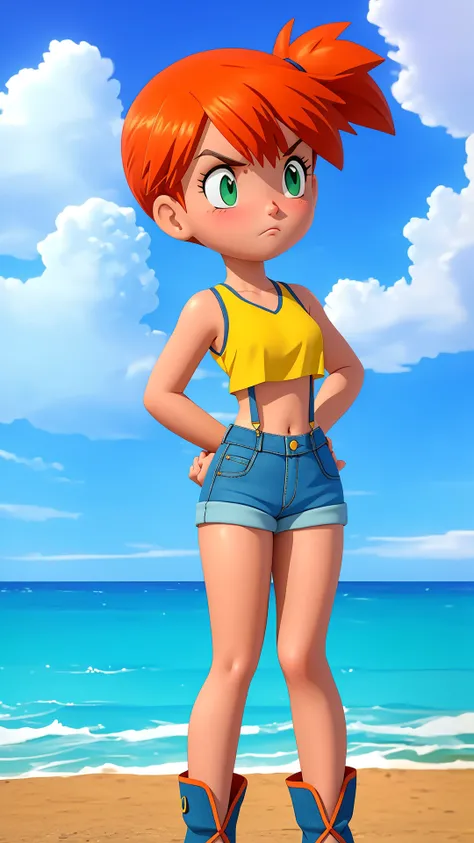 beach,ocean,cloud,shore,blue sky,day,outdoor,sky,<lora:Retro Misty - [Pokemon] - Version 1:0.8>,misty,(groin:1.1),(groin tendon:1.2),suspender shorts,suspenders,1girl,solo,long hair,groin,breasts,short hair,bangs,navel,bare shoulders,closed mouth,green eyes,standing,collarbone,cowboy shot,small breasts,shorts,sleeveless,midriff,orange hair,side ponytail,crop top,v-shaped eyebrows,looking to the side,bare arms,short shorts,eyelashes,sleeveless shirt,frown,looking away,tank top,denim,blue shorts,denim shorts,hands on hips,yellow shirt,hair tie,looking afar,