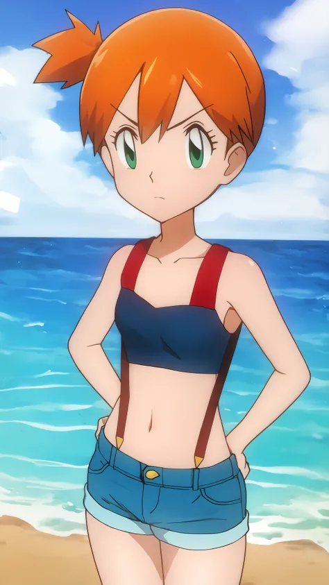 beach,ocean,cloud,shore,blue sky,day,outdoor,sky,<lora:Retro Misty - [Pokemon] - Version 1:0.8>,misty,(groin:1.1),(groin tendon:1.2),suspender shorts,suspenders,1girl,solo,long hair,groin,breasts,short hair,bangs,navel,bare shoulders,closed mouth,green eyes,standing,collarbone,cowboy shot,small breasts,shorts,sleeveless,midriff,orange hair,side ponytail,crop top,v-shaped eyebrows,looking to the side,bare arms,short shorts,eyelashes,sleeveless shirt,frown,looking away,tank top,denim,blue shorts,denim shorts,hands on hips,yellow shirt,hair tie,looking afar,
