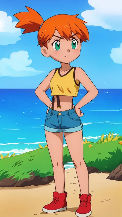 beach,ocean,cloud,shore,blue sky,day,outdoor,sky,<lora:Retro Misty - [Pokemon] - Version 1:0.8>,misty,(groin:1.1),(groin tendon:1.2),suspender shorts,suspenders,1girl,solo,long hair,groin,breasts,short hair,bangs,navel,bare shoulders,closed mouth,green eyes,standing,collarbone,cowboy shot,small breasts,shorts,sleeveless,midriff,orange hair,side ponytail,crop top,v-shaped eyebrows,looking to the side,bare arms,short shorts,eyelashes,sleeveless shirt,frown,looking away,tank top,denim,blue shorts,denim shorts,hands on hips,yellow shirt,hair tie,looking afar,