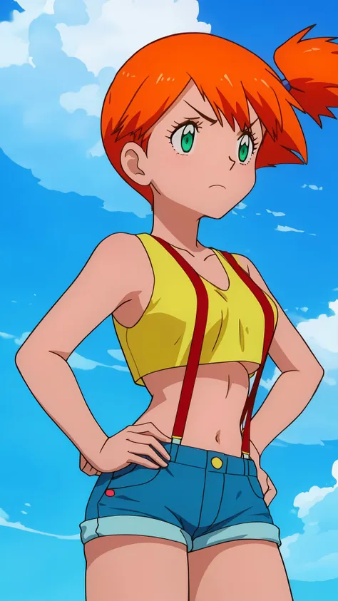 <lora:Retro Misty - [Pokemon] - Version 1:0.8>,misty,1girl,solo,long hair,breasts,short hair,bangs,navel,bare shoulders,closed mouth,green eyes,standing,collarbone,cowboy shot,small breasts,sky,shorts,sleeveless,day,midriff,cloud,orange hair,side ponytail,blue sky,crop top,v-shaped eyebrows,looking to the side,bare arms,short shorts,eyelashes,sleeveless shirt,frown,outdoor,looking away,suspenders,tank top,denim,blue shorts,denim shorts,hands on hips,yellow shirt,hair tie,looking afar,suspender shorts,groin,(underboob:1.2),