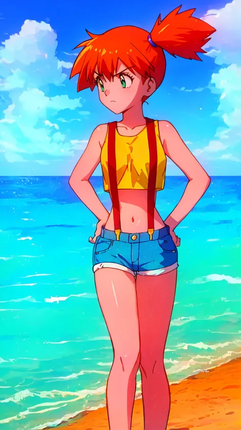 beach,ocean,cloud,shore,blue sky,day,outdoor,sky,<lora:Retro Misty - [Pokemon] - Version 1:0.8>,misty,(groin:1.1),(groin tendon:1.2),suspender shorts,suspenders,1girl,solo,long hair,groin,breasts,short hair,bangs,navel,bare shoulders,closed mouth,green eyes,standing,collarbone,cowboy shot,small breasts,shorts,sleeveless,midriff,orange hair,side ponytail,crop top,v-shaped eyebrows,looking to the side,bare arms,short shorts,eyelashes,sleeveless shirt,frown,looking away,tank top,denim,blue shorts,denim shorts,hands on hips,yellow shirt,hair tie,looking afar,