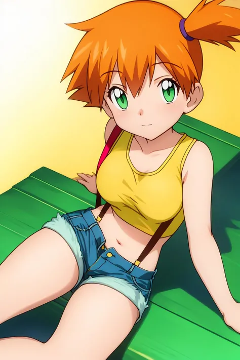 Edward,midriff,orange hair,collarbone,tan skin, goggles, brown eyes, tropical beach, lying on beach, sexy pose, smile, micro bikini, breasts, cleavage (insanely detailed, beautiful detailed face, masterpiece, best quality),