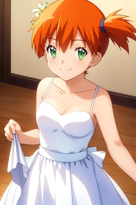 misty, 1girl, solo, breasts, looking_at_viewer, smile, short_hair, closed_mouth, bangs, green_eyes, hair_between_eyes, bare_shoulders, small_breasts, indoor, orange_hair, side_ponytail, eyelashes, hair_tie, wedding_dress, white_dress, holding_flower, standing