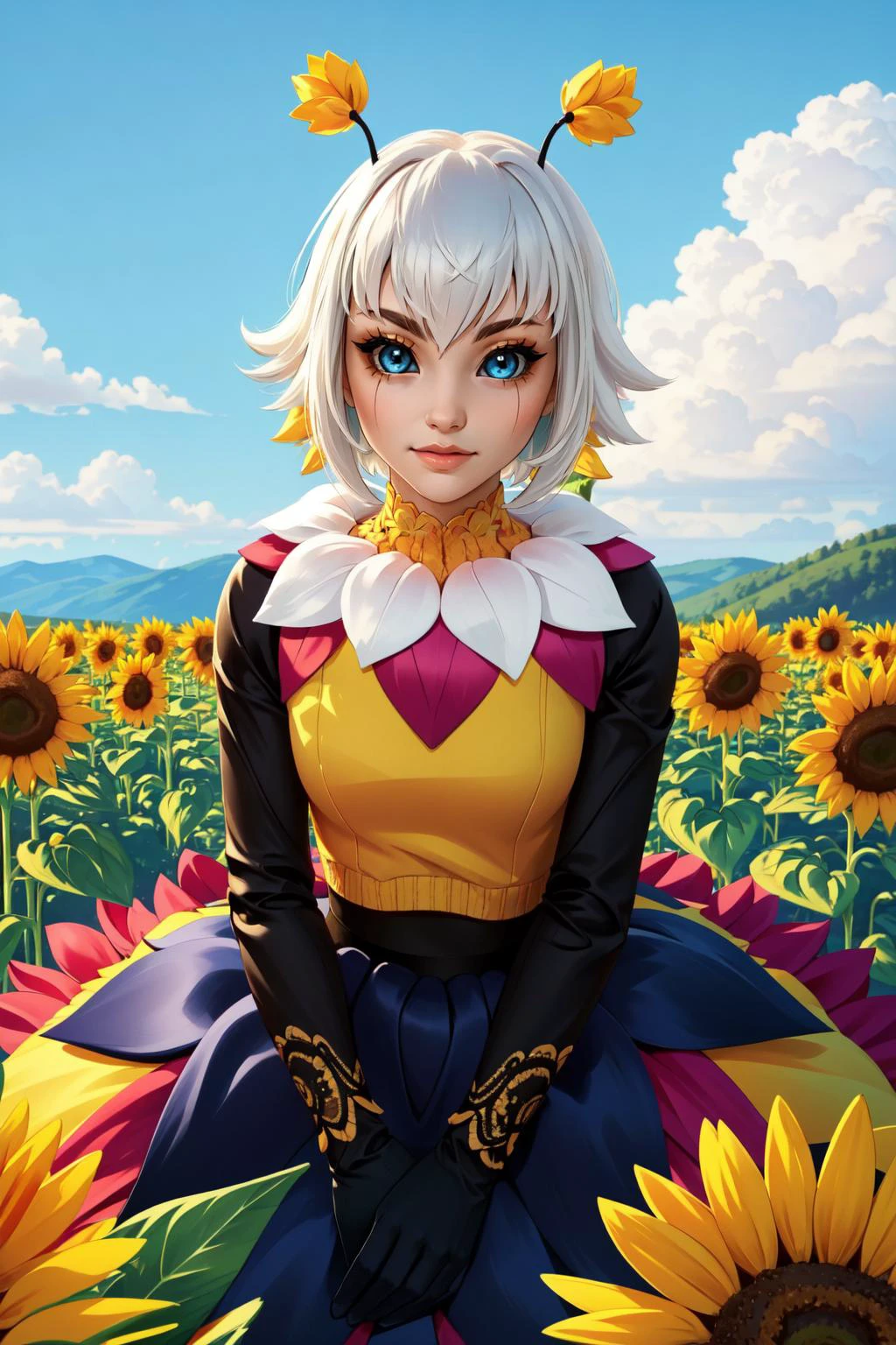 (masterpiece, best quality), intricate details,
1girl, <lora:lol_orbeeanna-000012:0.8> orbeeanna, 1girl, arthropod girl, antennae, short hair, colored sclera, blue eyes, bangs, white hair, blue eyes,
outdoors, sunflower field, flowers,