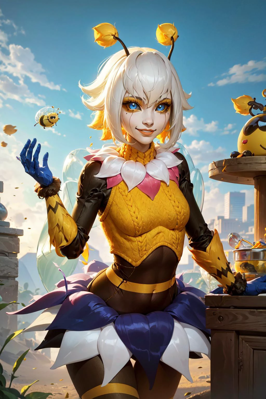 (masterpiece, best quality:1.2), intricate details, <lora:GoodHands-beta2:1>, <lora:lol_orbeeanna-000012:1>, orbeeanna, 1girl, arthropod girl, antennae, short hair, colored sclera, blue eyes, bangs, smile