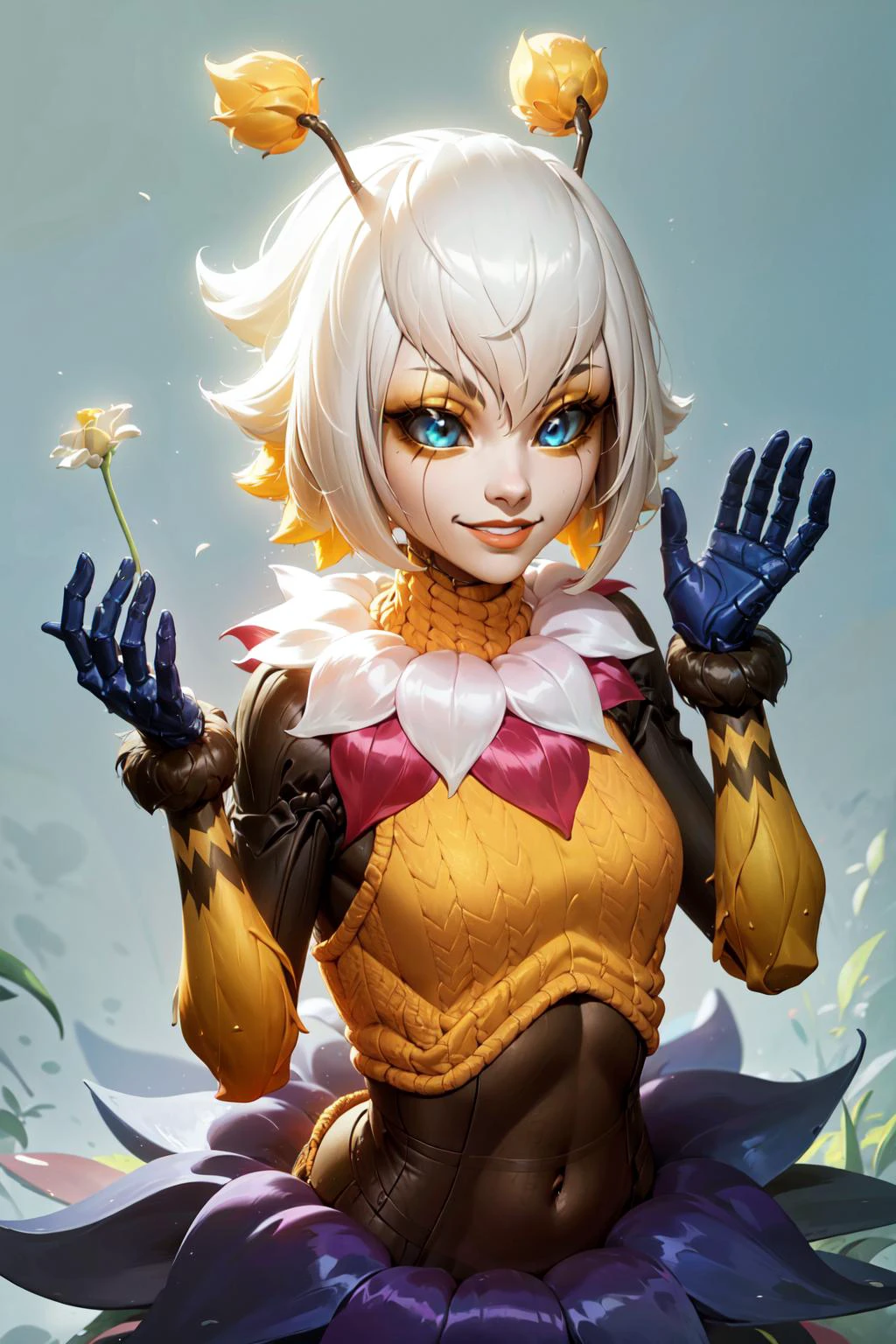 (masterpiece, best quality:1.2), intricate details, <lora:GoodHands-beta2:1>, <lora:lol_orbeeanna-000012:1>, orbeeanna, 1girl, arthropod girl, antennae, short hair, colored sclera, blue eyes, bangs, smile