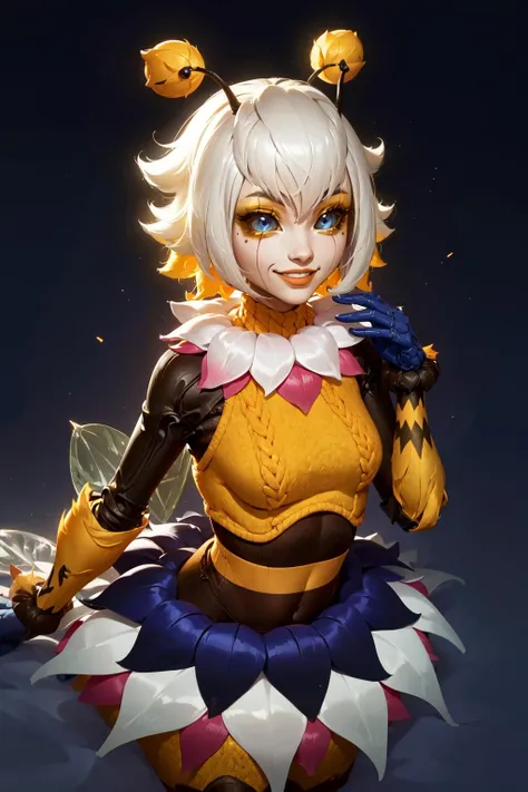 (masterpiece, best quality:1.2), intricate details, <lora:GoodHands-beta2:1>, <lora:lol_orbeeanna-000012:1>, orbeeanna, 1girl, arthropod girl, antennae, short hair, colored sclera, blue eyes, bangs, smile