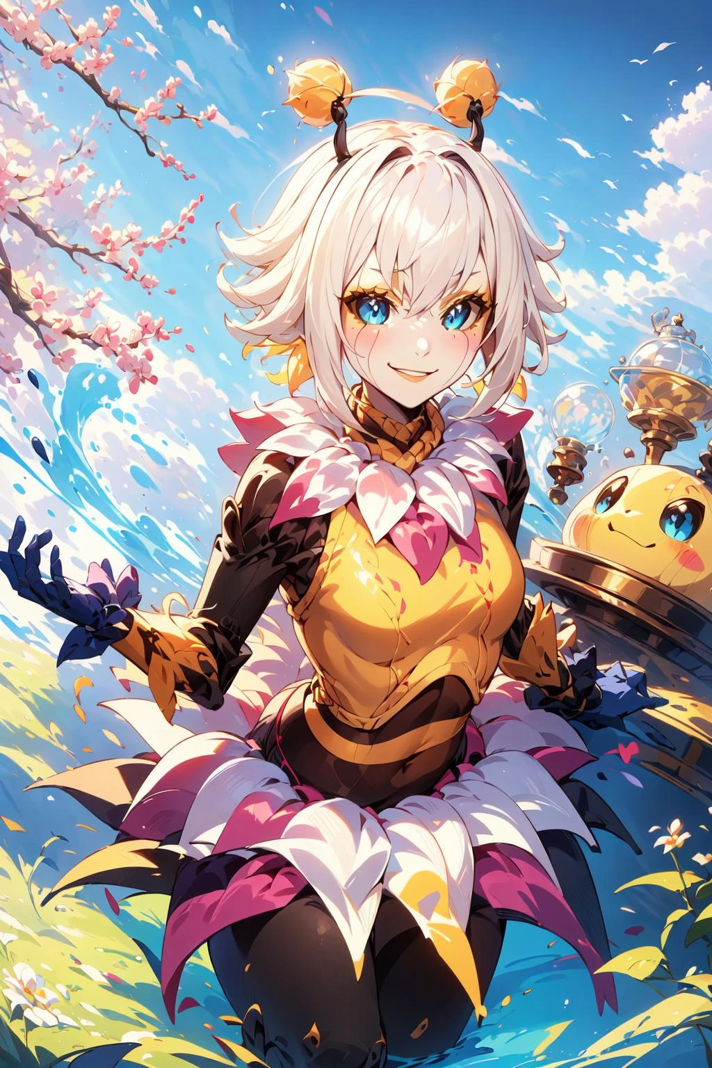 (masterpiece, best quality:1.2), intricate details, <lora:GoodHands-beta2:1>, <lora:lol_orbeeanna-000012:1>, orbeeanna, 1girl, arthropod girl, antennae, short hair, colored sclera, blue eyes, bangs, smile