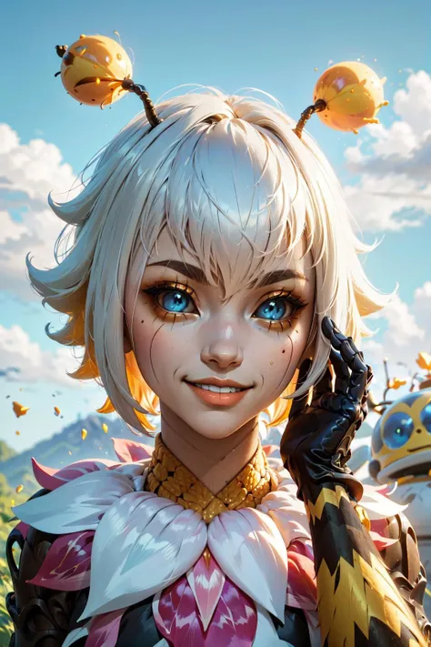 (masterpiece, best quality:1.2), intricate details, <lora:GoodHands-beta2:1>, <lora:lol_orbeeanna-000012:1>, orbeeanna, 1girl, arthropod girl, antennae, short hair, colored sclera, blue eyes, bangs, smile