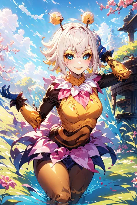 (masterpiece, best quality:1.2), intricate details, <lora:GoodHands-beta2:1>, <lora:lol_orbeeanna-000012:1>, orbeeanna, 1girl, arthropod girl, antennae, short hair, colored sclera, blue eyes, bangs, smile