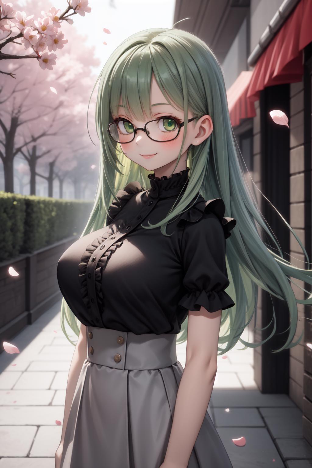 A woman with long green hair and glasses standing on a sidewalk - SeaArt AI