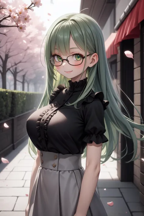 masterpiece, best quality, 1girl, long green hair, green eyes, glasses, frills, black shirt, large breasts, grey high-waist skirt, cherry petals, courtyard, smile, arms at sides