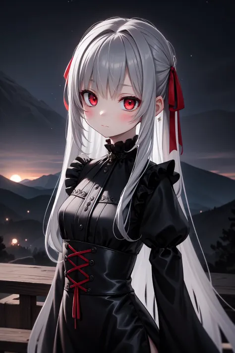 masterpiece, best quality, detailed, 1girl, long velvet dress, hair ribbon, gothic, serene expression, dark sky, star-print, frilled sleeves, red eyes, very long grey hair, vast mountains, darkness