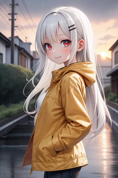 masterpiece, best quality, 1girl, up-close, from side, hairclip, smile, white hair, red eyes, looking at viewer, blue eyes, hands in pockets, up close, wearing a yellow rain jacket and dark pants, rainy day, long hair, walking in a country road at sunset,