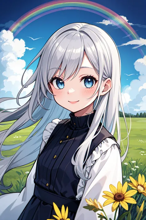 masterpiece, best quality, 1girl, portrait, long silver hair, smile, clouds, meadow, long dress, rainbow, blue eyes