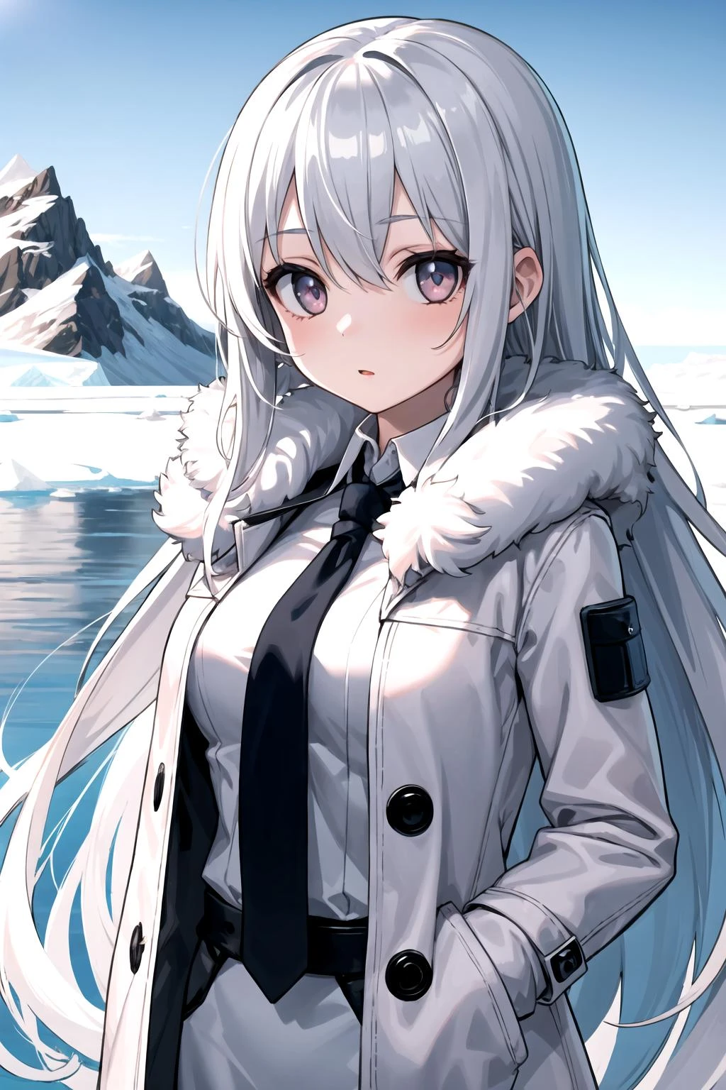 masterpiece,best quality, 1girl, antarctic, ice sheet, long white hair, silver eyes, fur coat, tie