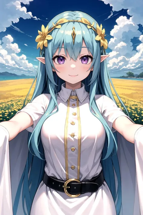 masterpiece, best quality, 1girl, very long cyan hair, purple eyes, upper body, detailed, flower circlet, (clouds:1.4), yellow under shirt, white carpet, long white dress, belt, smile