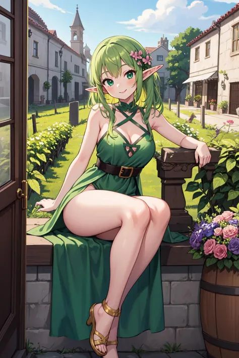 masterpiece, best quality, 1girl, courtyard, flowers, vineyard, elf, long green silk dress, thighs, smile, leaning on object,