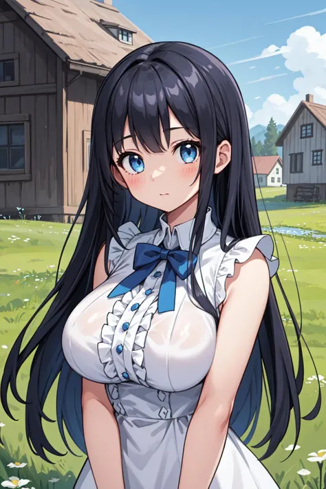 masterpiece, best quality, 1girl, outdoors, houses, meadow, large breasts, upper body, white and blue dress, bow, frills, sleeveless, ribbons, black long hair, blue eyes, looking at viewer