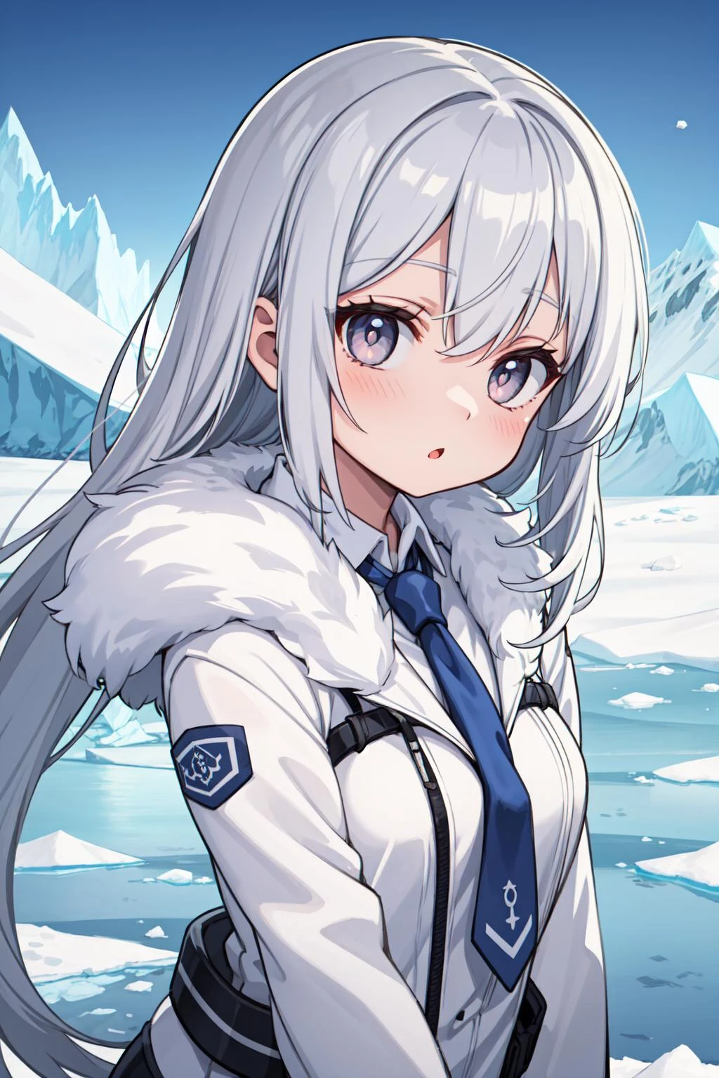 masterpiece,best quality, 1girl, antarctic, ice sheet, long white hair, silver eyes, fur coat, tie