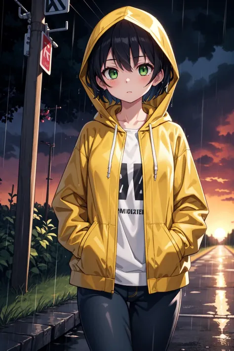 masterpiece, best quality ,1girl, cowboy shot, green eyes, hands in pockets, up close, wearing a yellow rain jacket and dark pants, rainy day, short hair, yellow hood, walking in a country road at sunset,