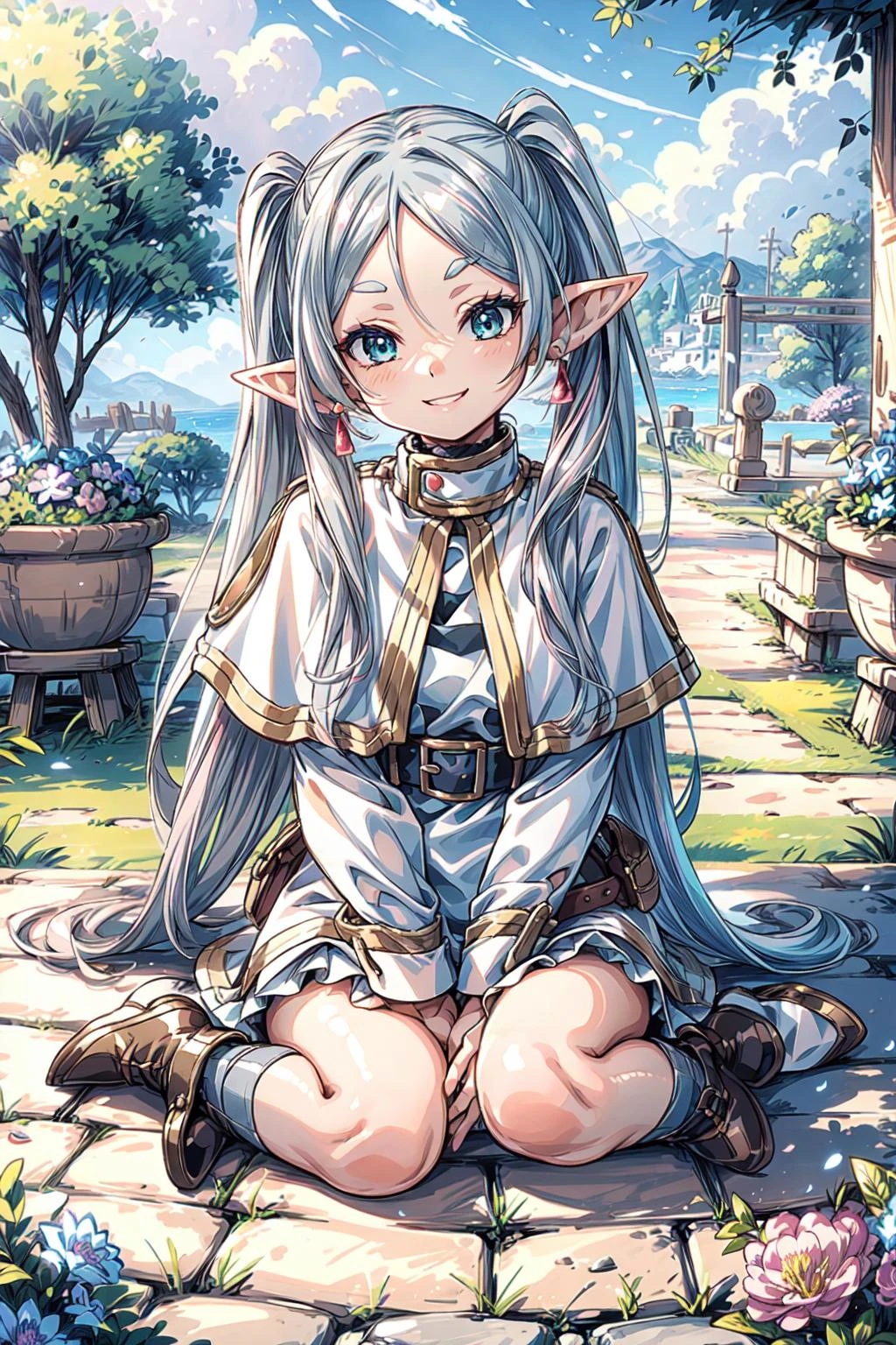 <lora:frieren:0.9>, frieren, pointy ears, twintails, jewelry, elf, earrings, capelet, white capelet, long sleeves, parted bangs, dress, belt, flower,
(cute:1.1,solo, 1girl), (smirk smile), (full body:1.4), soft light, sitting,
perfect(face ,eyes , nose, hands , arms), detailed fingers, extremely detailed eyes and face, beautiful detailed nose, beautiful detailed eyes, idol vibes, extremely detailed, CG, 8k wallpaper, Amazing, finely detail, (masterpiece:2.0, best quality), (intricate details, depth of field), beautiful detailed girl, glossy pink lips, aqua eyes, ((long hair:1.1), (colorful gradient multi-colored sliver grey hair)), elegant , (<lora:cozy animation scenes_20230824111332:0.65>, cozy, animation scenes, scenery, rock chair , PIXIV, outdoors, garden), (wide, fisheye angle view), <lora:more_details:0.55>,