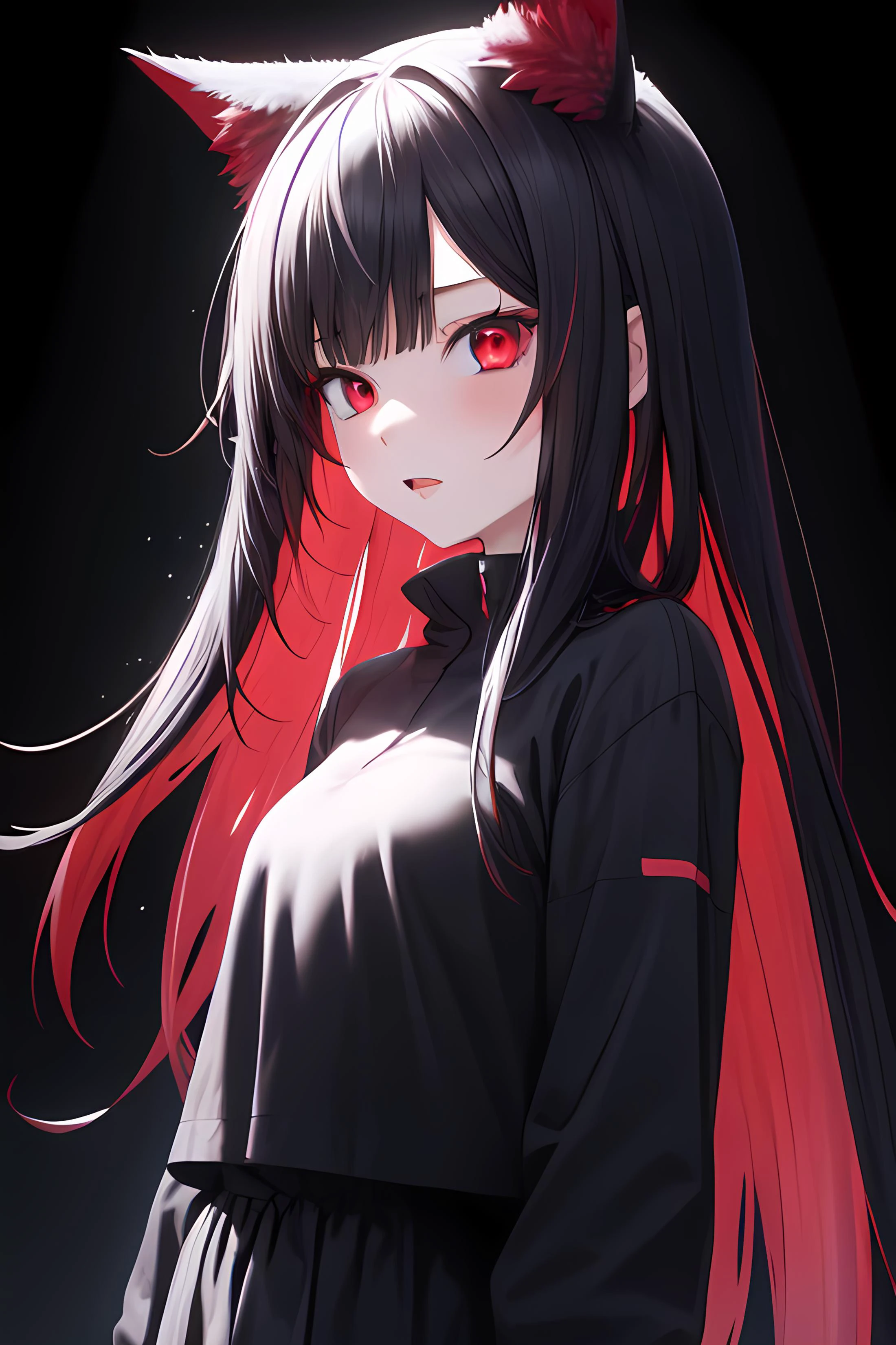 1girl, black long hair, red colored inner hair, red eyes, cat ears, dark background <lora:colored inner hair:1>