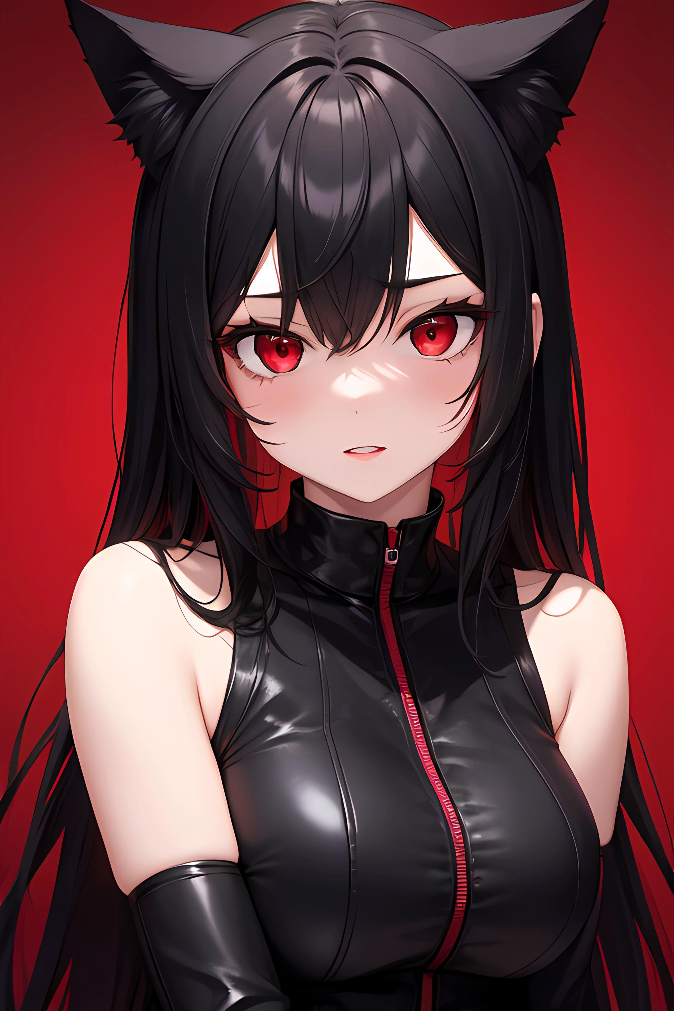 1girl, black long hair, red colored inner hair, red eyes, cat ears, dark background <lora:colored inner hair:0.1>