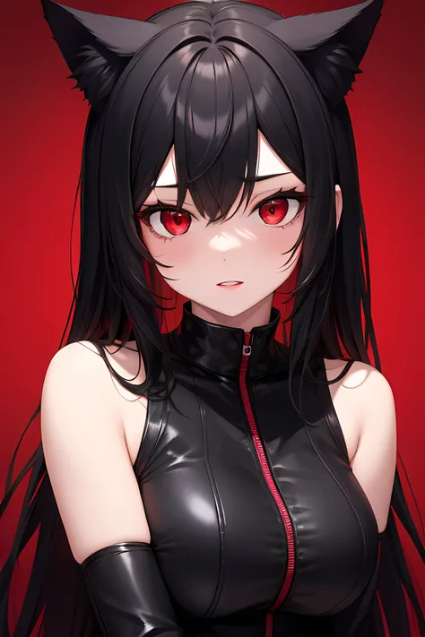 1girl, black long hair, red colored inner hair, red eyes, cat ears, dark background <lora:colored inner hair:0.1>
