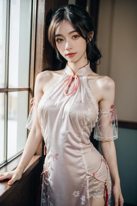 ((masterpiece), (best quality), ultra high res, (raw photo:1.2), (photorealistic:1.4), Exceptional detail, dramatic lighting, highres,   8k, absurdres, nsfw, ((sex)),  cowboy shot,
CN Girl5, 1girl, (see-through),bare shoulders, ([Halter lace cheongsam|Pink high-waisted cheongsam with a slit]:1.5),  piercing, navel piercing, long hair, solo, black hair, navel, tattoo, nipples, golden accessories, necklace, golden hair ornament, looking at viewer, medium breasts, Japanese ancient building, 
<lora:CN_Girl4_v2-000010:0.6>,   <lora:gufenqq(70):0.75>