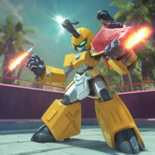 <lora:Metabee:1>, masterpiece, best quality, metabee, weapon, gun, glowing, science fiction, electricity, arm cannon, firing, holding round (watermelon:1.2) in arms, tons of watermelons in background