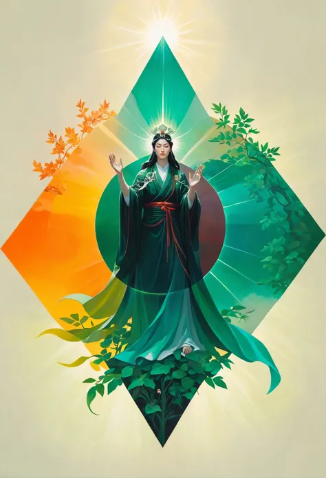 [ centered composition, a paint smudge on a simple background : (complex vintage fantasy oil painting artwork) of portrait, shining (feudal japan theme:1.1), divine deity of nature, forest, (style-sylvamagic:1.0),   green background, abundant greenery,   lush plantlife,   dark green robe, majestic divine atmosphere, bright light, holy aura, bloom, halo above head, divine light, white clothes, silver embroidery,filigree, blessing, arms reaching, ray of light, : 5], abstract geometric gradients, vivid colors