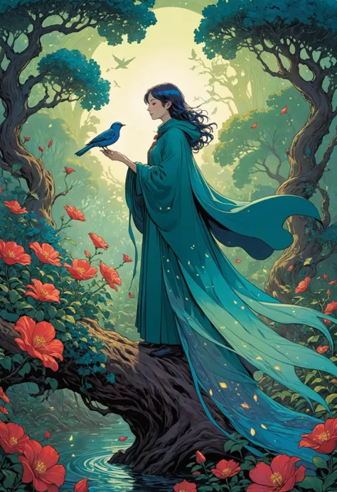 (poster composition,fine lineart, graphic novel style:1.35),In an otherworldly garden bathed in hues of deep blue and vibrant green, an omniscient gardener tends to floating flowers that sing melodious tunes. She wears a flowing, crimson cloak that billows in the gentle, fragrant breeze. As she moves gracefully, her path is illuminated by glowing petals, creating an enchanting, other-dimensional pathway. Perched on a nearby prismatic tree, a peculiar, cerulean-colored bird with shimmering feathers watches intently, adding to the surreal beauty of the scene,unique art styles many details, extreme detailed, full of details,Wide range of colors., complementary colors, depth of field, flat colors, inked lineart, paper grain