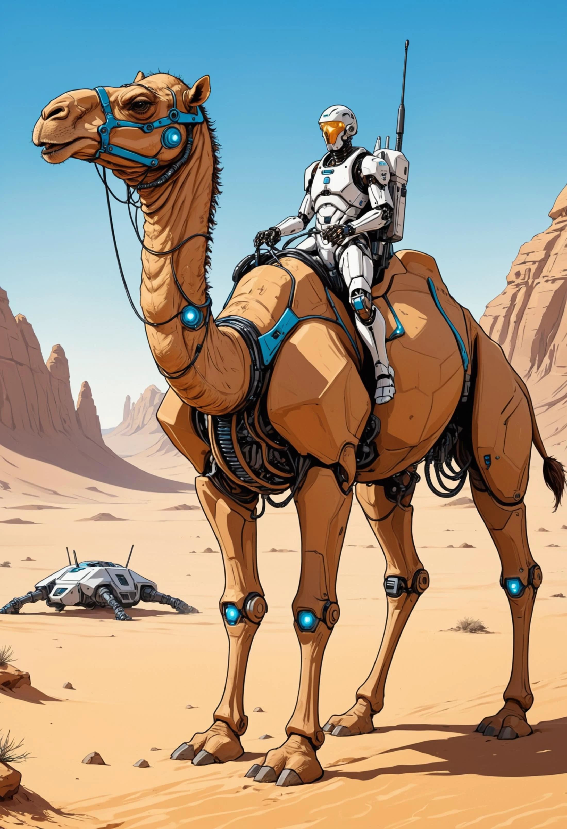 (poster composition,fine lineart, graphic novel style:1.35), concept art ,close up, a cyber (beduin:1.2) on a techno camel on a sci fi desert, cybernectics,technology flesh,implants,tech,mechanical legs, cybercamel,techcamel,robot camel, technology spear,cyborg camel, futuristic structures in the background,complementary colors, depth of field, flat colors, inked lineart, paper grain