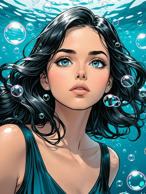 (poster composition,fine lineart, graphic novel style:1.35), ((closeup headshot:1.2)) of a beautiful woman, long dark wet hair, ((full lips, parted lips)), (freckles:0.6), ((big beautiful expressive eyes)), serious face, ((looking to the side, distracted)), ((wearing satin dress:1.2)), ((underwater, bubbles:1.3)), cinematic, action shot, detailed, flat colors, inked lineart, paper grain <lora:detailed_notrigger:0.6>
