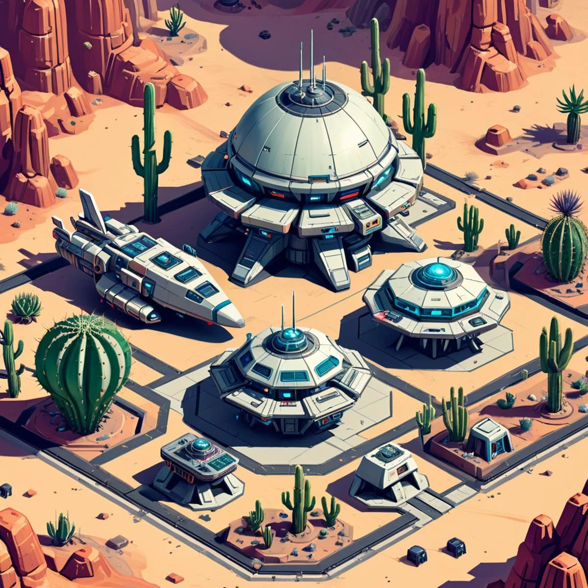 isometric casual game,
outdoor,
atompunk retro old-fashion sci-fi,
spaceships stand on concrete area,
surrounded by desert cactuses
